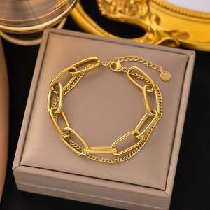 18K Gold Plated Stainless Steel Double Layered Paperclip and Curb Chain Bracelet